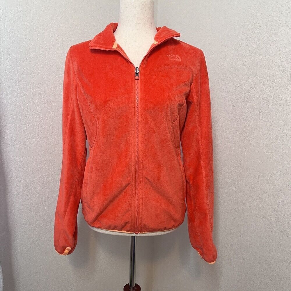 The North Face Fuzzy Jacket Womens Medium Full Zip Radiant Orange Pockets Soft